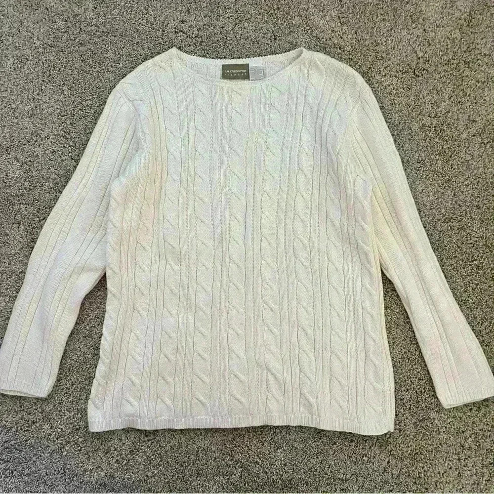 Liz Claiborne off-white crew neck cable knit sweater women's size Medium